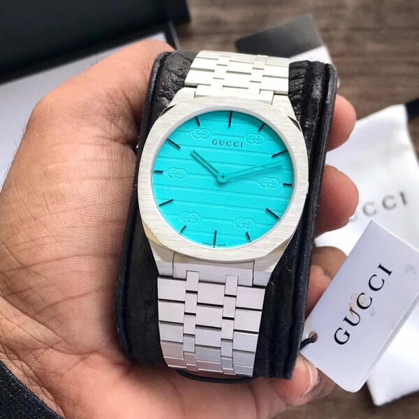 GUCCI 25H 38mm Stainless Steel Quartz Ocean Blue Dial Mens Watch